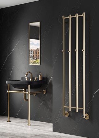 Reina Solara Electric Towel Rail finished in Brushed Brass - Size Shown 1500mm (H) x 400mm (W)