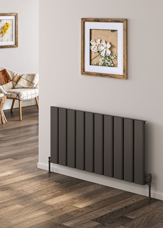 Reina Caldaro Horizontal Aluminium Radiator finished in Anthracite - Model shown 600mm (H) x 1245mm (W) - Shown with Modal Thermostatic Radiator valves, angled, Anthracite