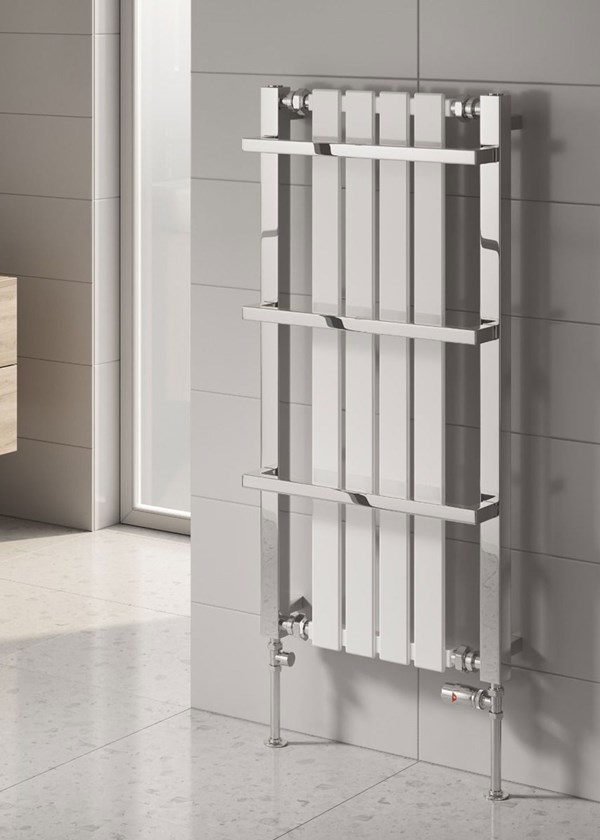 Reina Ashen finished in Chrome with White radiator insert and straight thermostatic Modal Chrome Radiator Vavles - Size Shown 1000mm (H) x 490mm (W) Reina Ashen finished in Chrome with White radiator insert and straight thermostatic Modal Chrome Radiator Vavles - Size Shown 1000mm (H) x 490mm (W)