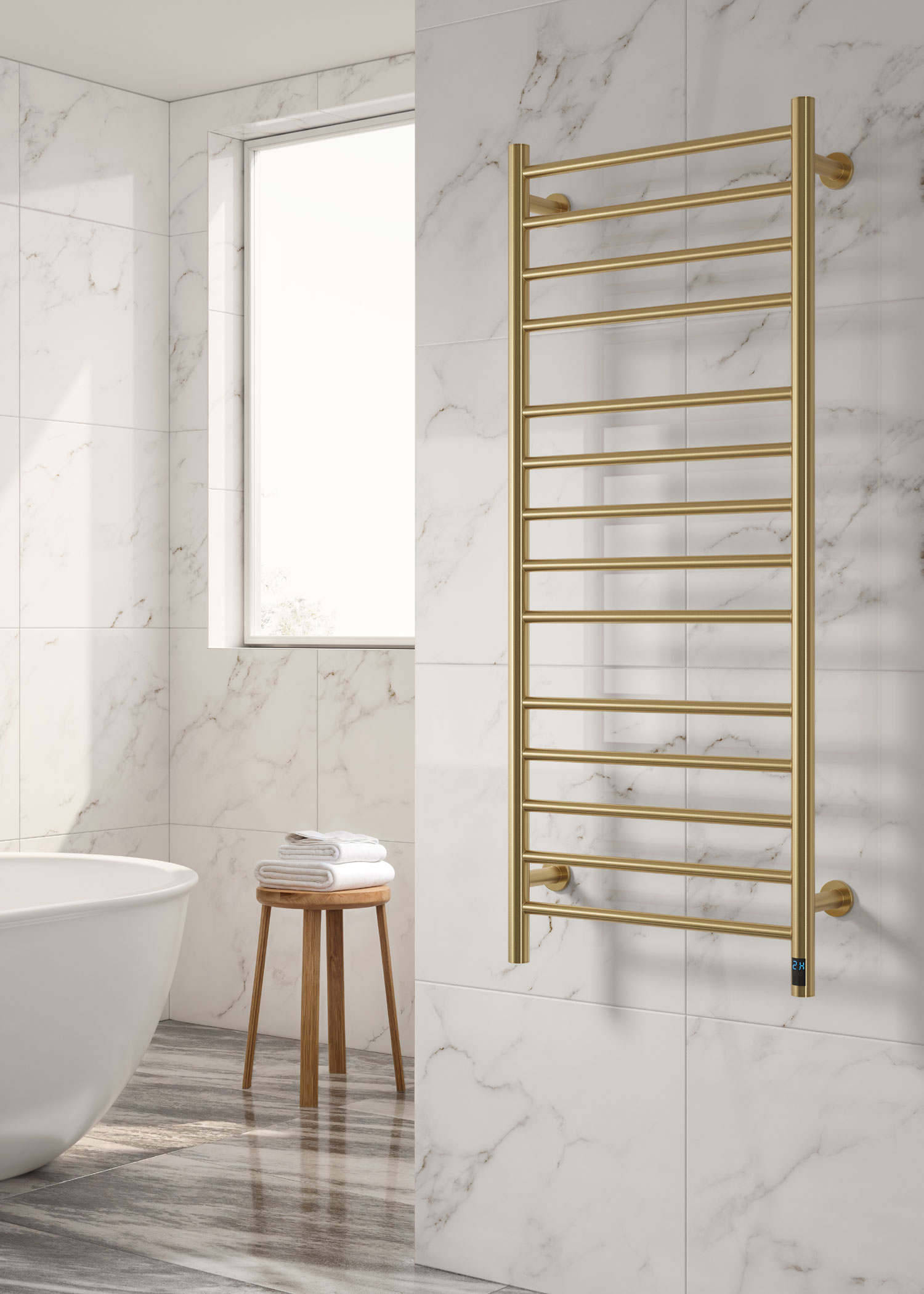 Reina Arnage Electric Towel Rail finished in Brushed Brass - Size Shown 1200mm (H) x 500mm (W)