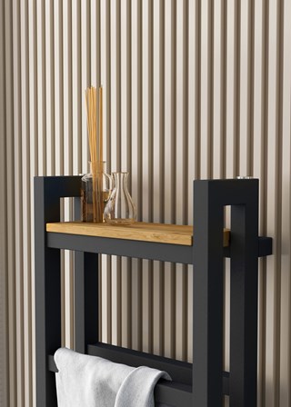 Terma Stand close-up shown with optional oak shelf