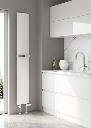 Reina Picoli Finished in White with Optional Chrome Towel Bar - Size Shown 1800mm (H) x 280mm (W) - Shown with Reina Modal Thermostatic Radiator Valves, Straight, White finish and White Pipe Sleeves and Shrouds Reina Picoli Finished in White with Optional Chrome Towel Bar - Size Shown 1800mm (H) x 280mm (W) - Shown with Reina Modal Thermostatic Radiator Valves, Straight, White finish and White Pipe Sleeves and Shrouds