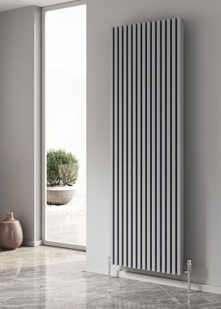 Reina Albano finished in Silver - Size shown 1800mm (H) x 590mm (W) with Modal angled chrome thermostatic radiator valves