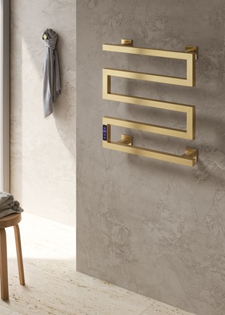Reina Vispa Electric Towel Rail finished in Brushed Brass - Size Shown 510mm (H) x 500mm (W) Reina Vispa Electric Towel Rail finished in Brushed Brass - Size Shown 510mm (H) x 500mm (W)