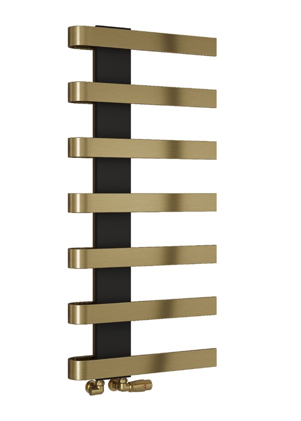 Reina Panaro - Image shown in Brushed Brass - 1100mm (H) x 500mm (W) - Shown with Reina Modal Corner Bronze Radiator Valves Reina Panaro - Image shown in Brushed Brass - 1100mm (H) x 500mm (W) - Shown with Reina Modal Corner Bronze Radiator Valves