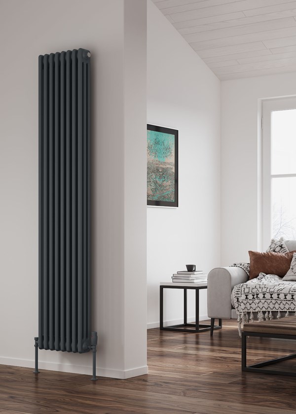 Reina Colona 3 Column Vertical Radiator Finished in Anthracite - Size shown 1800mm (H) x 380mm (W) Reina Colona 3 Column Vertical Radiator Finished in Anthracite - Size shown 1800mm (H) x 380mm (W)