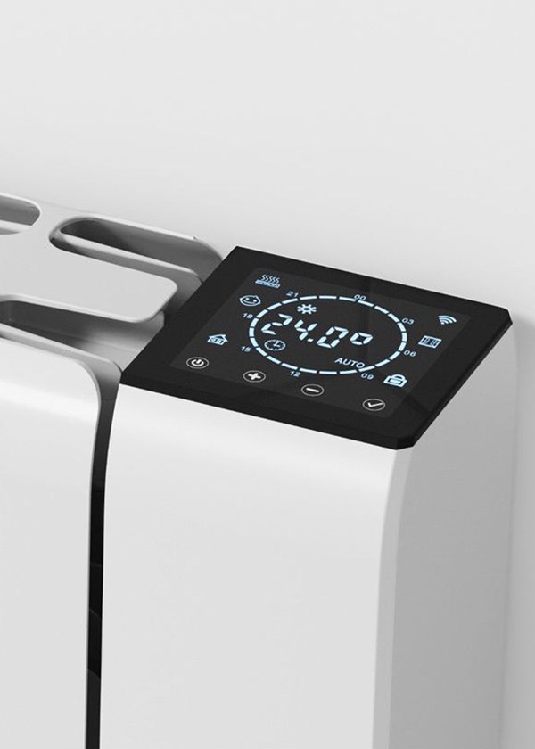 Reina Aron Horizontal Electric Radiator finished in White - Close-Up Showing Controls Reina Aron Horizontal Electric Radiator finished in White - Close-Up Showing Controls