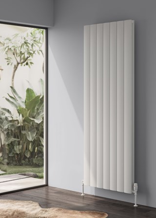 Reina Loco finished in White - Size shown 1800mm (H) x 660mm Double - Shown with Reina Modal Thermostatic Radiator Valves, angled, White finish and White Pipe Sleeves and Shrouds Reina Loco finished in White - Size shown 1800mm (H) x 660mm Double - Shown with Reina Modal Thermostatic Radiator Valves, angled, White finish and White Pipe Sleeves and Shrouds