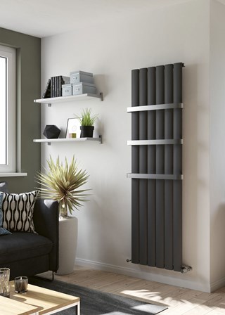 Eucotherm Saturn Vertical Aluminium - 1800mm (H) x 565mm (W) - Textured Anthracite Finish - Shown with optional towel hangers
