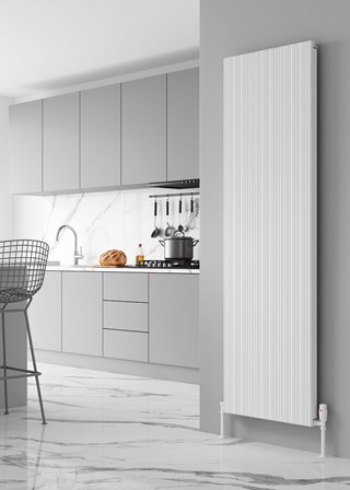 Reina Melvin Finished in White - Size Shown 1800mm (H) x 540mm (W) - Shown with Reina Modal Thermostatic Radiator Valves, Angled, White finish and White Pipe Sleeves and Shrouds Reina Melvin Finished in White - Size Shown 1800mm (H) x 540mm (W) - Shown with Reina Modal Thermostatic Radiator Valves, Angled, White finish and White Pipe Sleeves and Shrouds