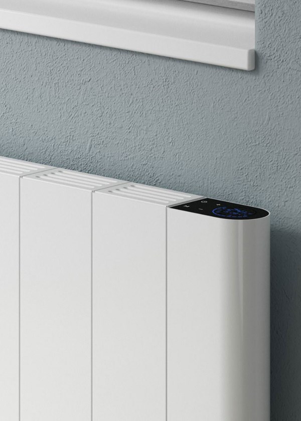 Reina Maia Horizontal Electric Radiator finished in White - Close-Up Showing Controls Reina Maia Horizontal Electric Radiator finished in White - Close-Up Showing Controls