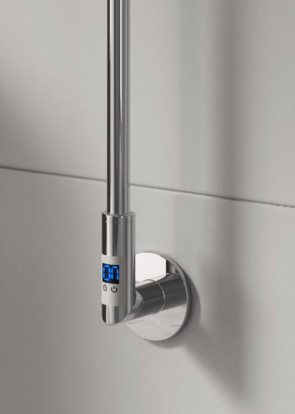 Reina Ines Electric Towel Rail finished in Polished Stainless - Close-Up Showing Controls Reina Ines Electric Towel Rail finished in Polished Stainless - Close-Up Showing Controls