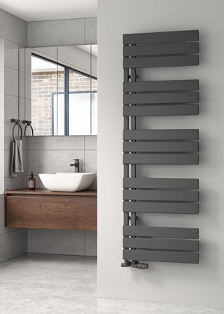 Reina Vada towel rail finished in Anthracite - 1510mm (H) x 500mm (W) - Shown with Modal Thermostatic Radiator Valves, corner option finished in Anthracite Reina Vada towel rail finished in Anthracite - 1510mm (H) x 500mm (W) - Shown with Modal Thermostatic Radiator Valves, corner option finished in Anthracite