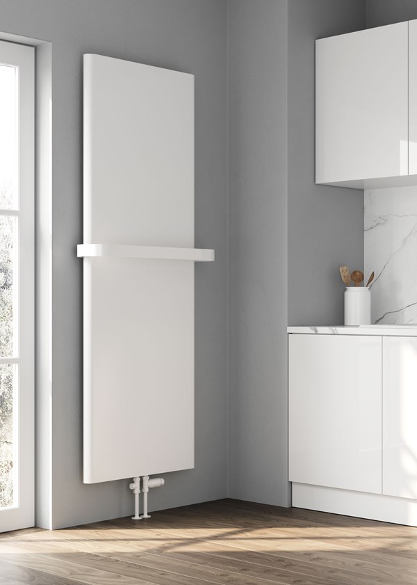 Reina Borda radiator finished in white - 1800 x 640 - shown with optional towel bar Reina Borda radiator finished in white - 1800 x 640 - shown with optional towel bar