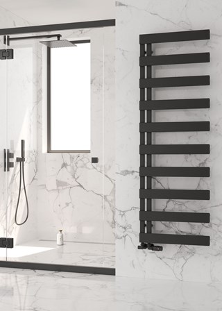 Reina Carpena towel rail finished in Black - 1510mm (H) x 500mm (W) - Shown with Modal Thermostatic Radiator Valves, corner option finished in Black