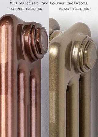 Image showing both the MHS Multisec Raw Copper Lacquer (left hand) and Brass Lacquer (right hand) 3 Column Radiator