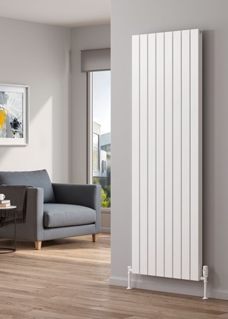 Reina Piatto finished in White - Size shown 1800mm (H) x 595mm Double - Shown with Reina Modal Thermostatic Radiator Valves, angled, White finish and White Pipe Sleeves and Shrouds Reina Piatto finished in White - Size shown 1800mm (H) x 595mm Double - Shown with Reina Modal Thermostatic Radiator Valves, angled, White finish and White Pipe Sleeves and Shrouds
