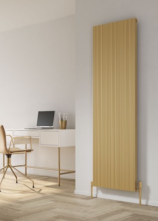Reina Melvin Finished in Brass Effect - Size Shown 1800mm (H) x 540mm (W) - Shown with Reina Modal Thermostatic Radiator Valves, Angled, Bronze finish and Brass Pipe Sleeves and Shrouds Reina Melvin Finished in Brass Effect - Size Shown 1800mm (H) x 540mm (W) - Shown with Reina Modal Thermostatic Radiator Valves, Angled, Bronze finish and Brass Pipe Sleeves and Shrouds