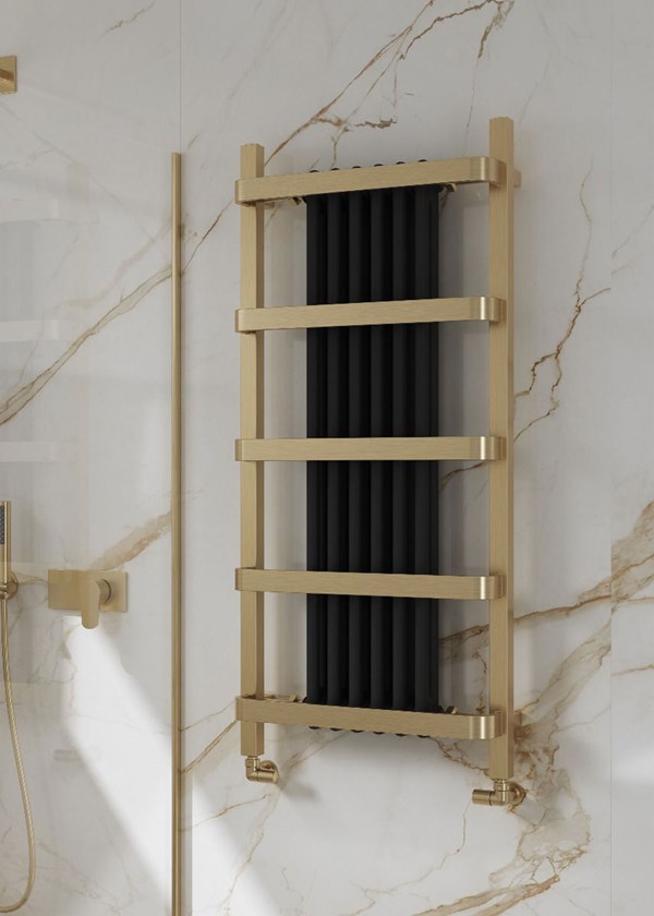 Reina Regina finished in Brushed Brass with Black radiator insert and corner Crova Bronze Radiator Valves - Size shown 1200mm (H) x 550mm (W) Reina Regina finished in Brushed Brass with Black radiator insert and corner Crova Bronze Radiator Valves - Size shown 1200mm (H) x 550mm (W)
