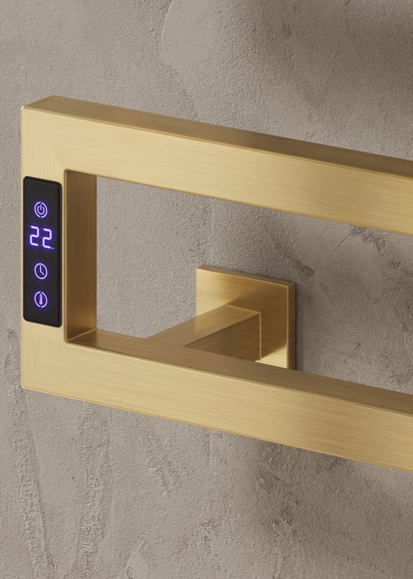 Reina Vispa Electric Towel Rail finished in Brushed Brass - Close-Up Showing Controls Reina Vispa Electric Towel Rail finished in Brushed Brass - Close-Up Showing Controls