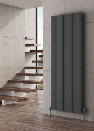 Reina Gio finished in Anthracite - Size shown 1800mm (H) x 660mm Double - Shown with Reina Modal Thermostatic Radiator Valves, angled, Anthracite finish and Anthracite Pipe Sleeves and Shrouds