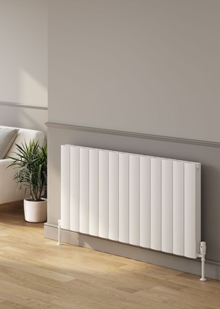 Reina Loco finished in White - Size shown 600mm (H) x 1230mm Double - Shown with Reina Modal Thermostatic Radiator Valves, angled, White finish and White Pipe Sleeves and Shrouds