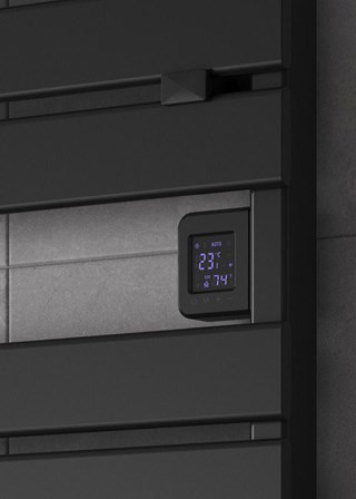 Reina Gia Electric Towel Rail finished in Black - Close-Up Showing Controls Reina Gia Electric Towel Rail finished in Black - Close-Up Showing Controls