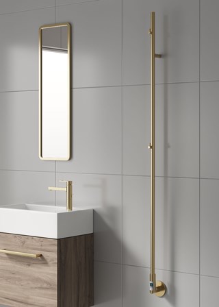 Reina Ines Electric Towel Rail finished in Brushed Brass - Size Shown 1500mm (H) x 22mm (W)