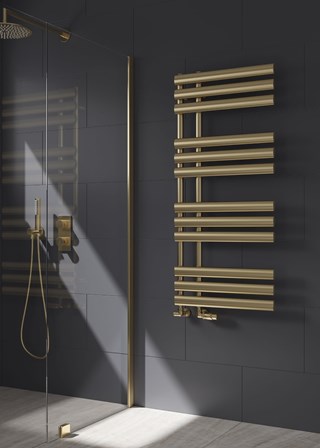 Reina Chisa towel rail - 1130 x 500 - finished in Brushed Brass