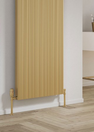 Reina Melvin Finished in Brass Effect - Close-Up - Shown with Reina Modal Thermostatic Radiator Valves, Angled, Bronze finish and Brass Pipe Sleeves and Shrouds Reina Melvin Finished in Brass Effect - Close-Up - Shown with Reina Modal Thermostatic Radiator Valves, Angled, Bronze finish and Brass Pipe Sleeves and Shrouds