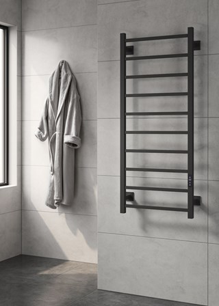 Reina Velino Electric Towel Rail finished in Black - Size Shown 1200mm (H) x 500mm (W) Reina Velino Electric Towel Rail finished in Black - Size Shown 1200mm (H) x 500mm (W)