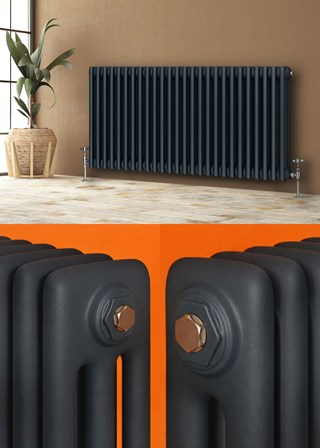 Apollo Column Radiator Finished in Matt Anthracite - Top Image is showing a 3 Column x 600mm Height / Bottom Left is showing the 3 Column Radiator / Bottom Right is showning the 2 Column Radiator