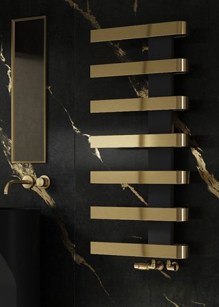 Reina Panaro - Image shown in Brushed Brass - 1100mm (H) x 500mm (W) - Shown with Reina Modal Corner Bronze Radiator Valves