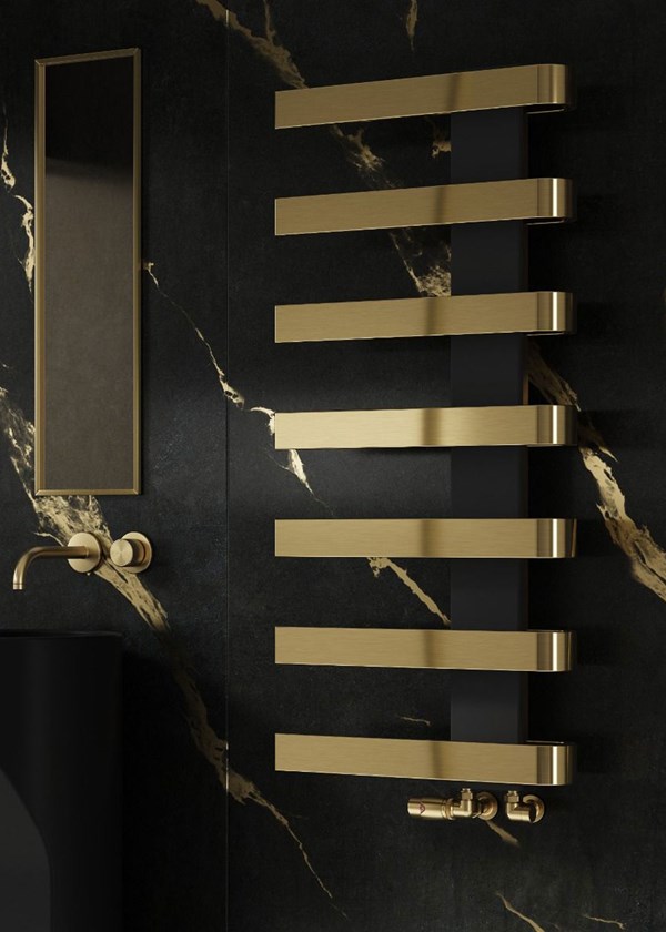 Reina Panaro - Image shown in Brushed Brass - 1100mm (H) x 500mm (W) - Shown with Reina Modal Corner Bronze Radiator Valves Reina Panaro - Image shown in Brushed Brass - 1100mm (H) x 500mm (W) - Shown with Reina Modal Corner Bronze Radiator Valves