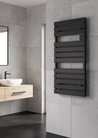 Reina Gia Electric Towel Rail finished in Black - Size Shown 1120mm (H) x 500mm (W) Reina Gia Electric Towel Rail finished in Black - Size Shown 1120mm (H) x 500mm (W)