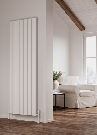 Reina Resia Vertical Radiator - Size Shown 1800mm (H) x 660mm (W) - Shown with Reina Modal Thermostatic Valves, Angled, White plus White Pipe Sleeves and Shrouds Reina Resia Vertical Radiator - Size Shown 1800mm (H) x 660mm (W) - Shown with Reina Modal Thermostatic Valves, Angled, White plus White Pipe Sleeves and Shrouds