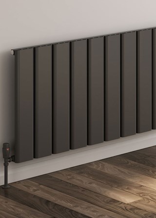Reina Caldaro Aluminium Radiator finished in Anthracite - Model shown 600m (H) x 1245mm (W) - Shown with Modal Thermostatic Radiator valves, angled, Anthracite