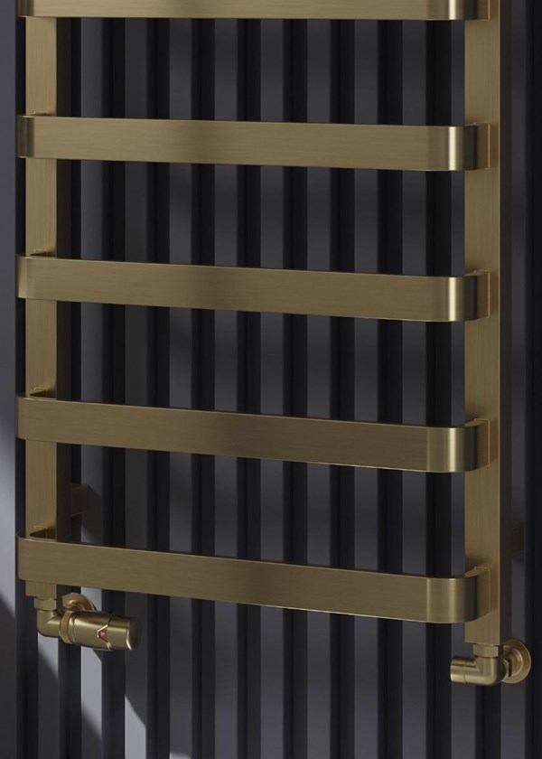 Reina Flora - Image shown in Brushed Brass - 1500mm (H) x 500mm (W) - Close-Up with Corner Modal Bronze Radiator Valves - Close-Up Reina Flora - Image shown in Brushed Brass - 1500mm (H) x 500mm (W) - Close-Up with Corner Modal Bronze Radiator Valves - Close-Up
