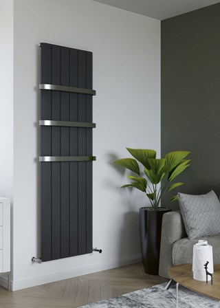 Eucotherm Eris Vertical Aluminium - 1800mm (H) x 470mm (W) - Textured Anthracite Finish - Shown with optional towel hangers