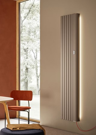 The Radiator Company Piano Electric Radiator shown in a colour option (non-standard) and is shown with the LED lights