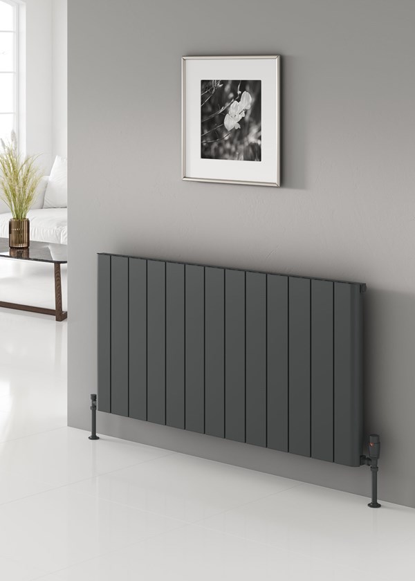 Reina Loco finished in Anthracite - Size shown 600mm (H) x 1230mm Single - Shown with Reina Modal Thermostatic Radiator Valves, angled, Anthracite finish and Anthracite Pipe Sleeves and Shrouds Reina Loco finished in Anthracite - Size shown 600mm (H) x 1230mm Single - Shown with Reina Modal Thermostatic Radiator Valves, angled, Anthracite finish and Anthracite Pipe Sleeves and Shrouds