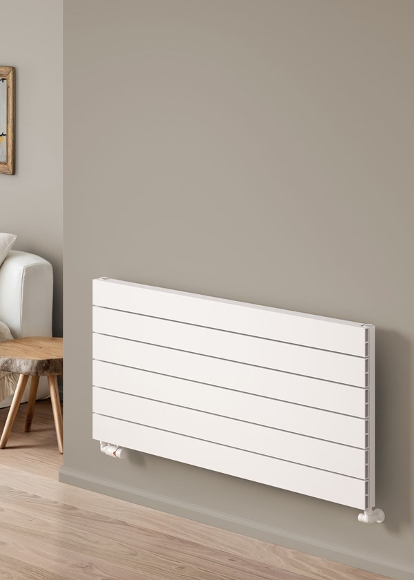 Reina Rienza finished in White - 565mm (H) x 1000mm (W) - Shown with Modal Thermostatic Radiator Valves, corner option finished in White Reina Rienza finished in White - 565mm (H) x 1000mm (W) - Shown with Modal Thermostatic Radiator Valves, corner option finished in White