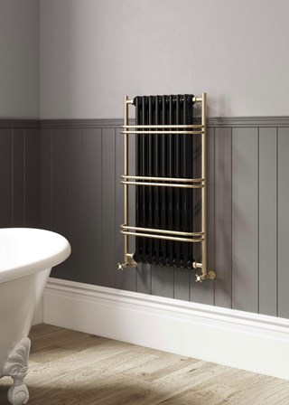 Burnham finished in Lacquered Polished Brass with RAL9005 Jet Black radiator insert (integral radiator with different finish at additional cost) Burnham finished in Lacquered Polished Brass with RAL9005 Jet Black radiator insert (integral radiator with different finish at additional cost)