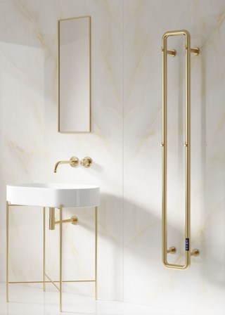 Reina Pelmo Electric Towel Rail finished in Brushed Brass - Size Shown 1500mm (H) x 200mm (W) Reina Pelmo Electric Towel Rail finished in Brushed Brass - Size Shown 1500mm (H) x 200mm (W)