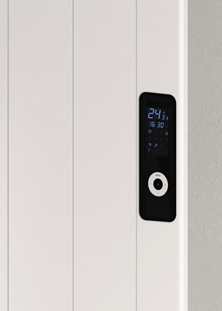 Reina Maia Vertical Electric Radiator finished in White - Close-Up Showing Controls Reina Maia Vertical Electric Radiator finished in White - Close-Up Showing Controls