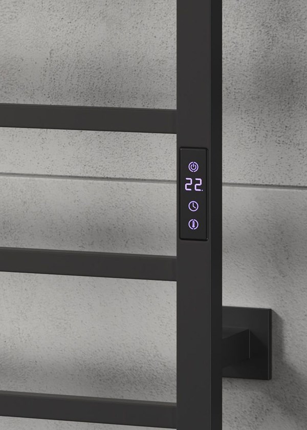 Reina Velino Electric Towel Rail finished in Black - Close-Up Showing Controls Reina Velino Electric Towel Rail finished in Black - Close-Up Showing Controls