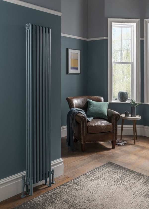 The Radiator Company Ancona 3 Column Vertical With Feet - Image shown in Aegean Teal 
