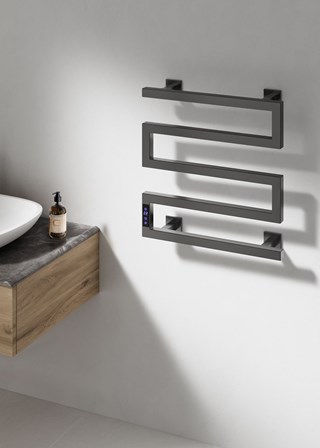 Reina Vispa Electric Towel Rail finished in Brushed Gunmetal - Size Shown 510mm (H) x 500mm (W) Reina Vispa Electric Towel Rail finished in Brushed Gunmetal - Size Shown 510mm (H) x 500mm (W)